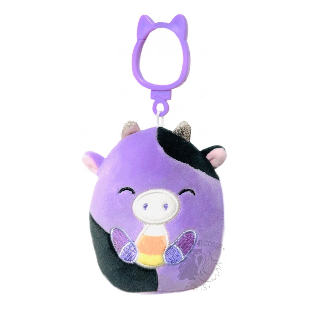 Squishmallow 3.5 Inch Alexie the Cow with Candy Corn Halloween Plush Clip - Owl & Goose Gifts