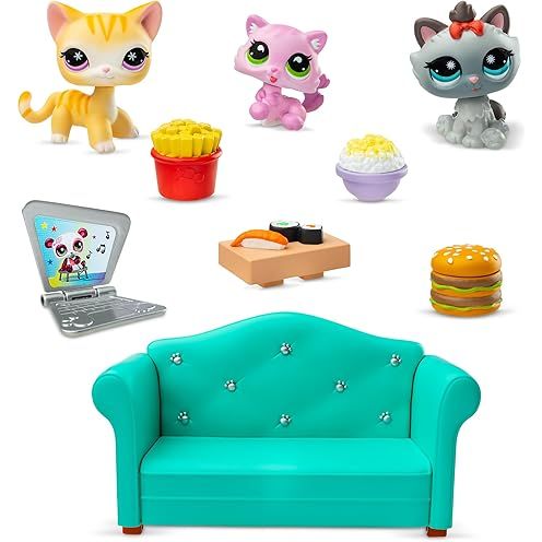 Littlest Pet Shop Gen 7 Diner Dash Play Pack - #166 Orange Cat, #167 Pink Kitten, #168 Gray Cat