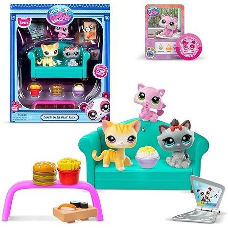 Littlest Pet Shop Gen 7 Diner Dash Play Pack - #166 Orange Cat, #167 Pink Kitten, #168 Gray Cat