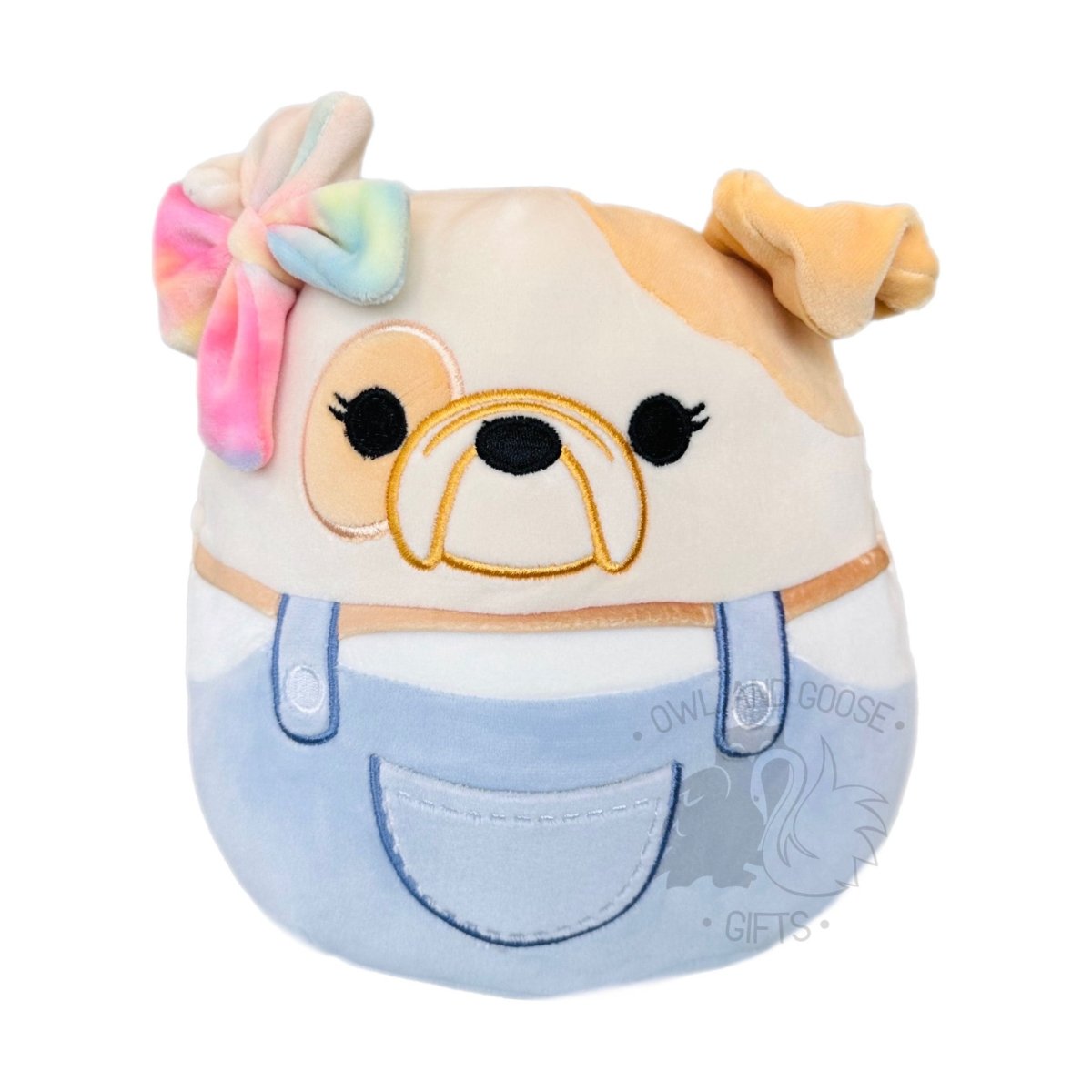 Squishmallow 8 Inch Davitta the Bulldog in Overalls Plush Toy - Owl & Goose Gifts