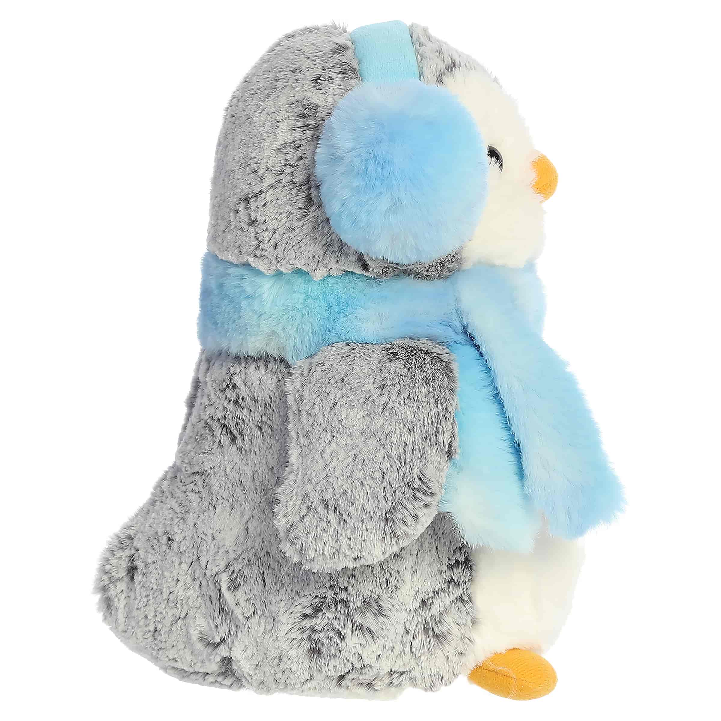 Aurora Plush 9 Inch Pom Pom Penguin with Icy Blue Muffs and Scarf Holiday Plush Toy