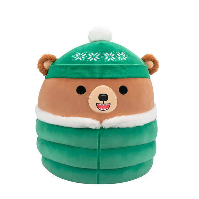 Squishmallow 8 Inch Stokely the Bear with Green Puffer Jacket Christmas Plush Toy