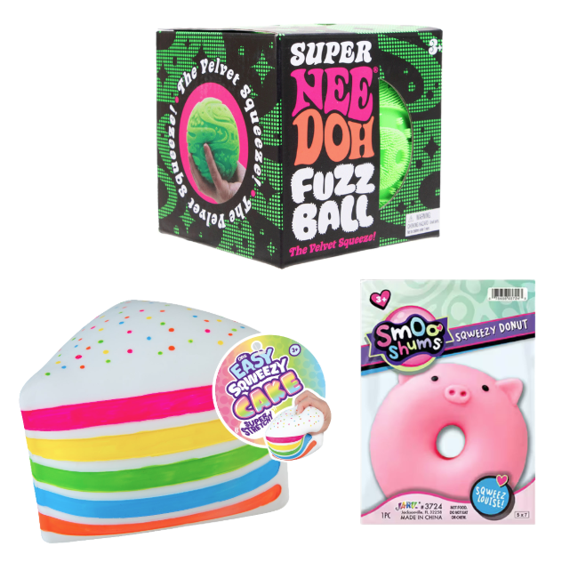 Nee Doh Bundle: Super Fuzz Ball + ORB Easy Sqweezy Jumbo Cake + Ja-Ru Smoo Shums Sqweezy Donut