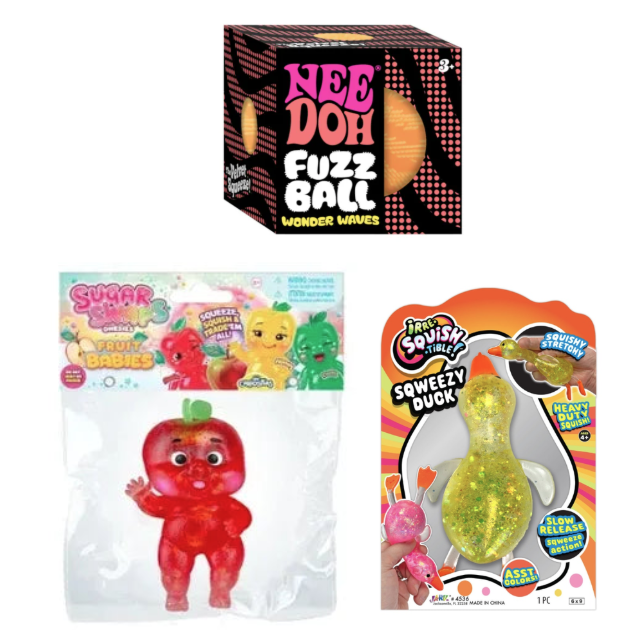 Nee Doh Bundle: Wonder Waves Fuzz Ball + Ja-Ru 6" Sqweezy Duck + ORB Sugar Swaps Onesies Apple Baby