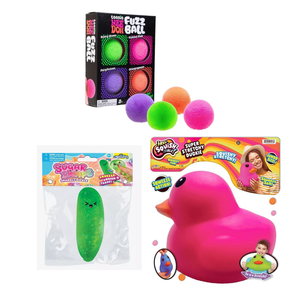 Nee Doh Bundle: Multi-Pack Fuzz Ball + Ja-Ru Jumbo Stretchy Duckie + Orb Sugar Swaps Sparkly Pickle