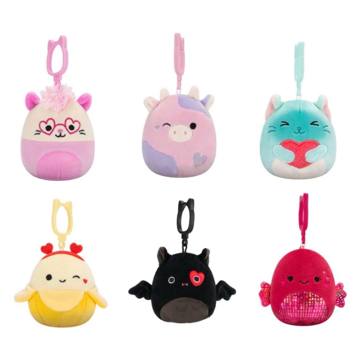 Squishmallow 3.5 Inch Clip Valentine Assortment Set of 6 - Chambless, Patty, Sigrid, Junie, Emily, Barella