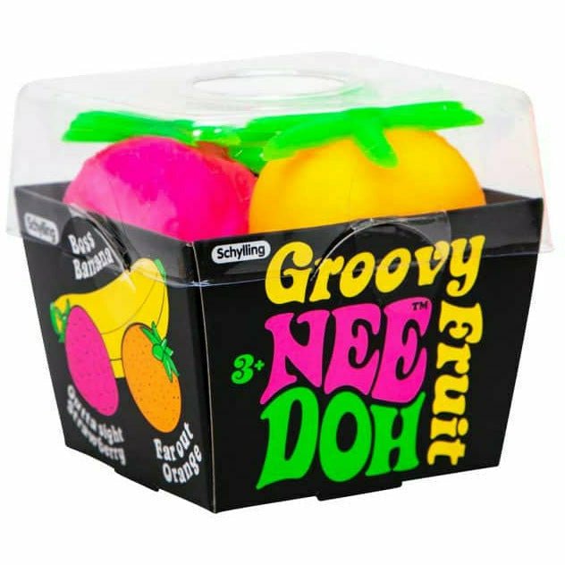 Nee Doh Groovy Fruit 2.5 Inch Squish Ball Fidget Toy - Set of 3 Fruits - Owl & Goose Gifts